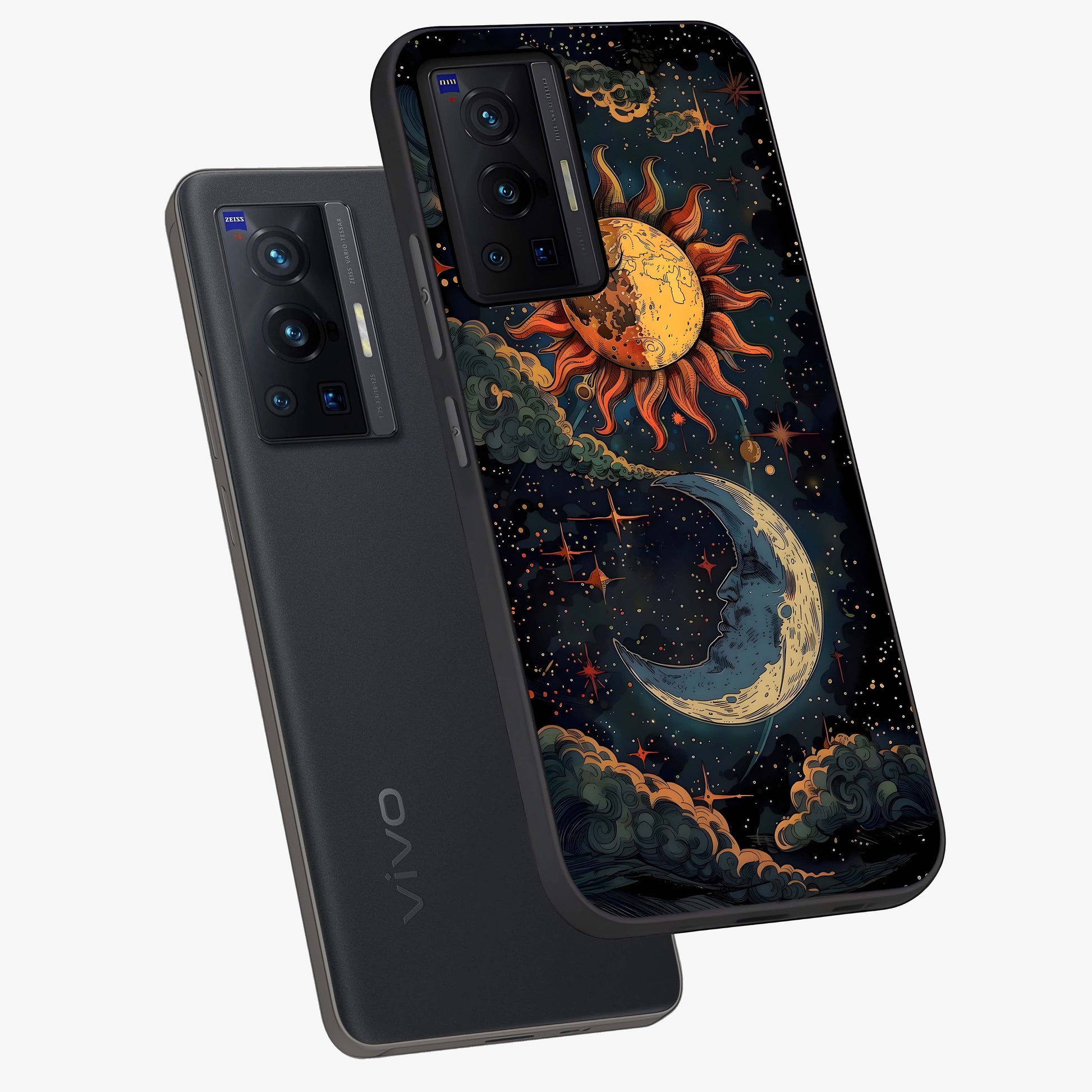 Sun And Moon Magic Design Glass Case displayed in angled mockup highlighting celestial design with magical cosmic aesthetic.