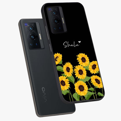 Sunflower Chic Mood Custom Name Glass Case displayed in angled mockup highlighting vibrant sunflower design with custom name feature.