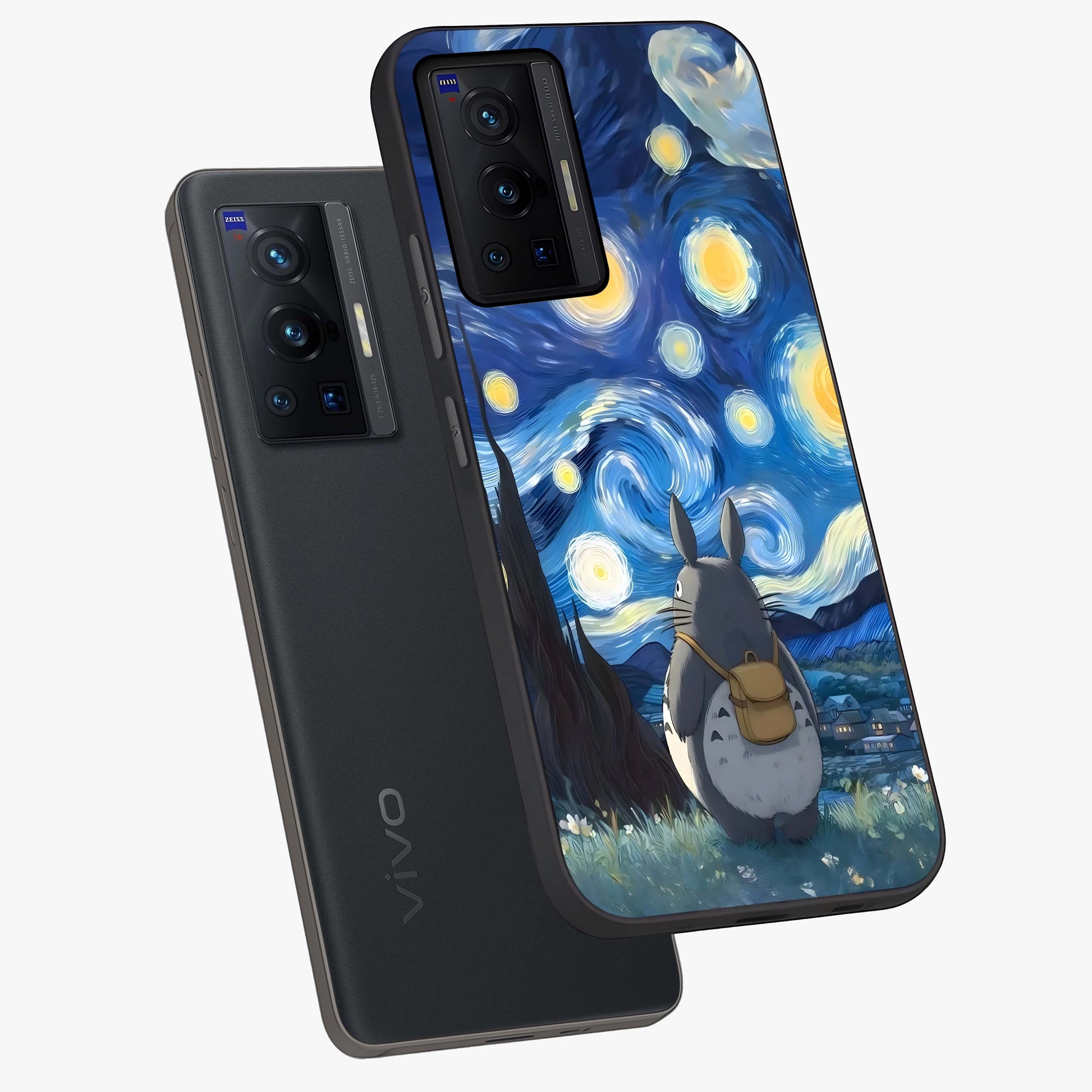 Totoro In Van Gogh Art Glass Case displayed in angled mockup highlighting artistic swirling sky design with playful animation aesthetic.