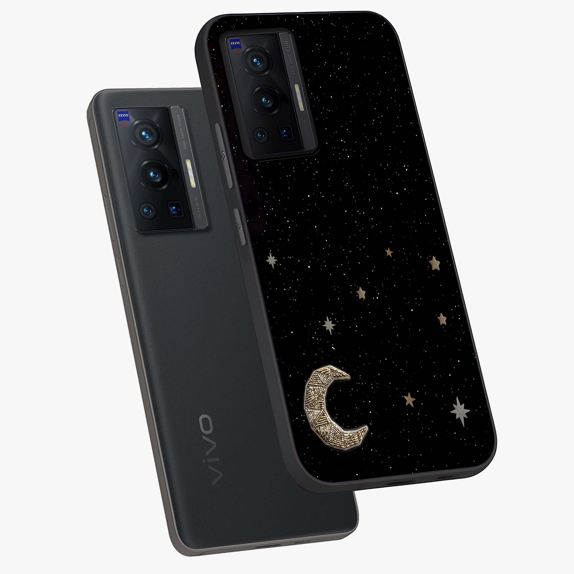 Twinkle Star With Half Moon Glass Case displayed in angled mockup highlighting celestial moon and star design with magical aesthetic.