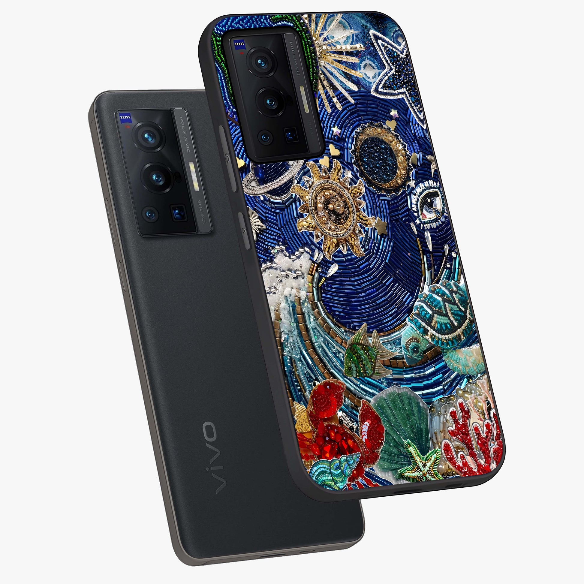 Universe Underwater Spark Glass Case displayed in angled mockup highlighting glowing aquatic design with celestial aesthetic.