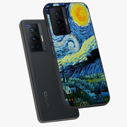 Van Gogh Art Glass Case displayed in angled mockup highlighting swirling brushstroke design with artistic aesthetic.