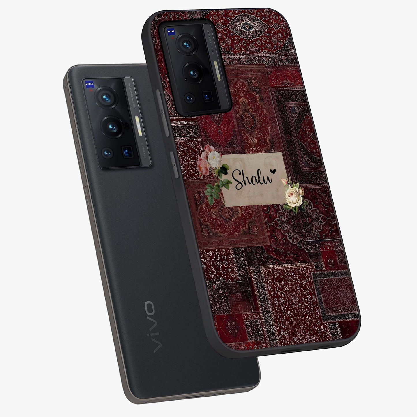 Velvet Wine Pattern Custom Name Glass Case displayed in angled mockup highlighting decorative velvet inspired design with custom name feature.