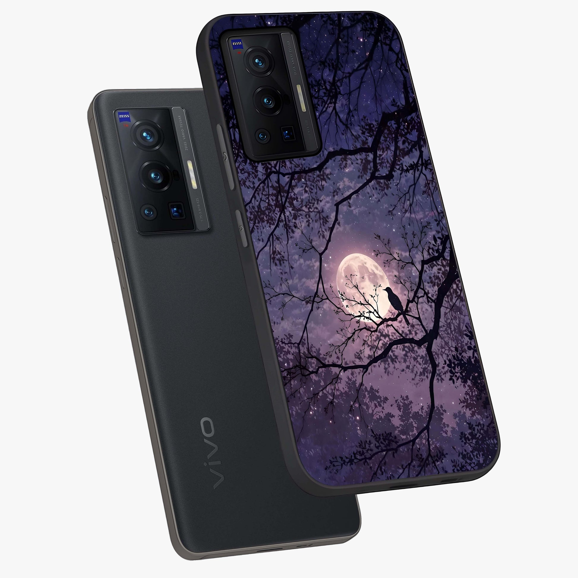 Whispering Moon Silence Glass Case displayed in angled mockup highlighting calm lunar design with dreamy night aesthetic.