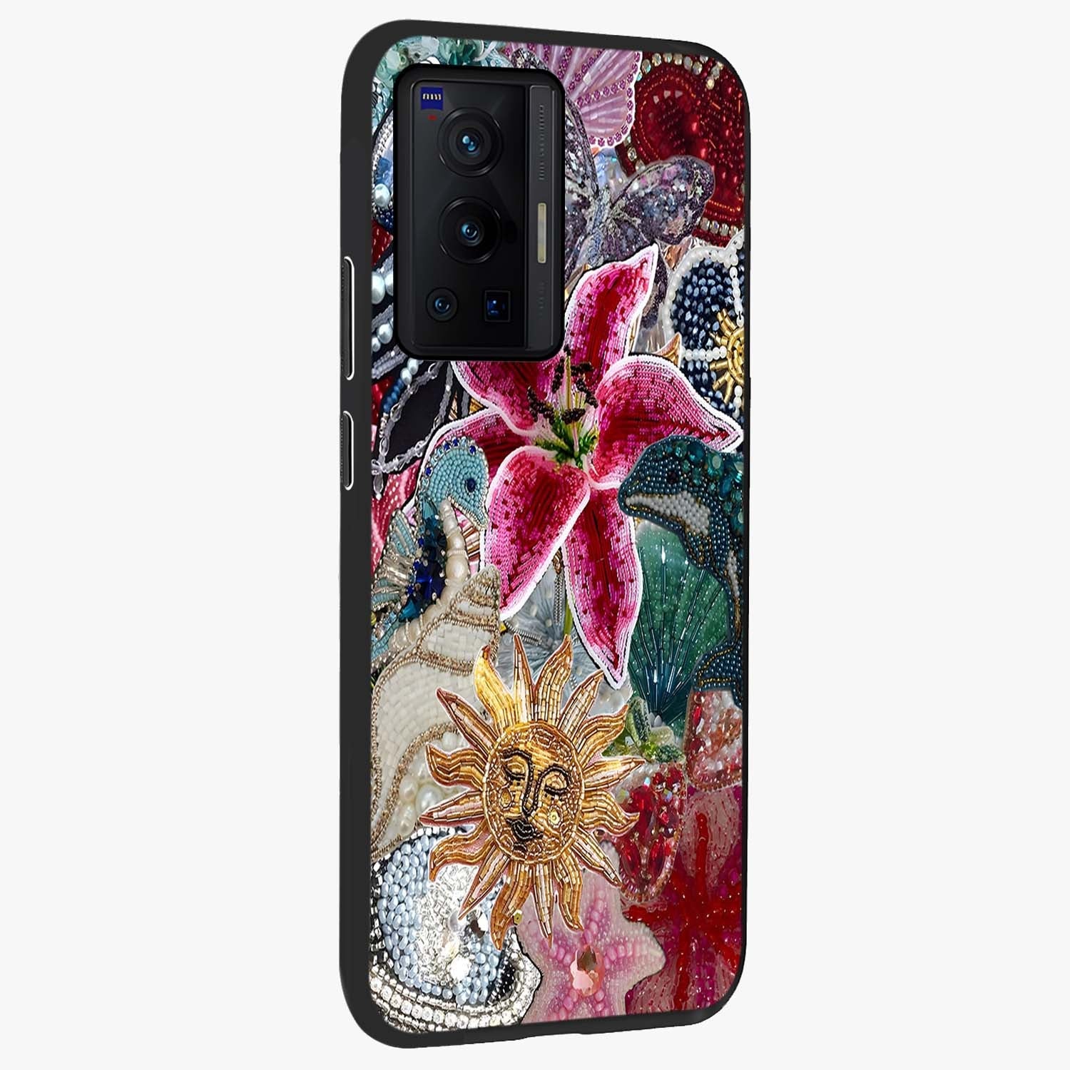 Beaded Garden Fantasy Glass Case upright view showcasing whimsical garden aesthetic with artistic bead details.
