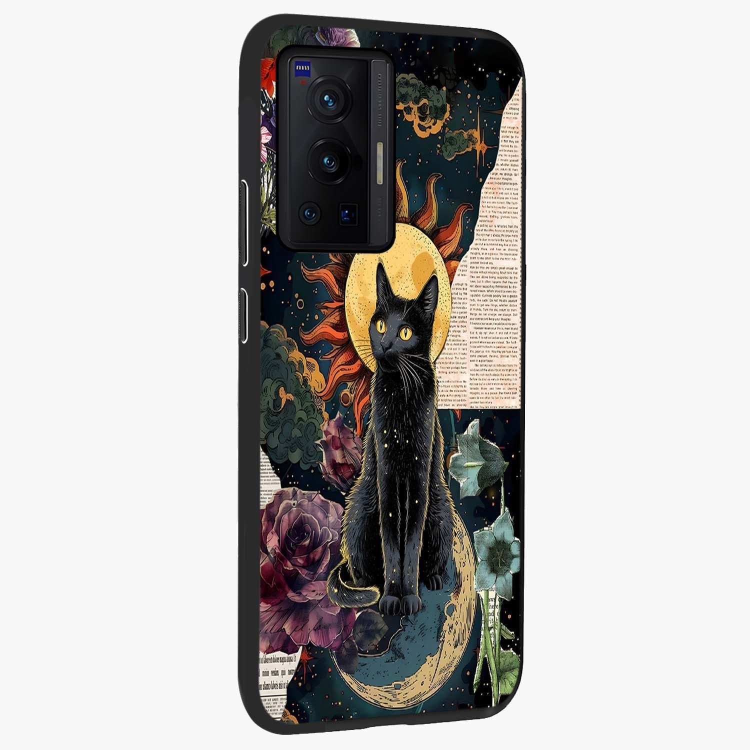 Celestial Black Cat Glass Case upright view showcasing magical black cat illustration with starry cosmic theme.