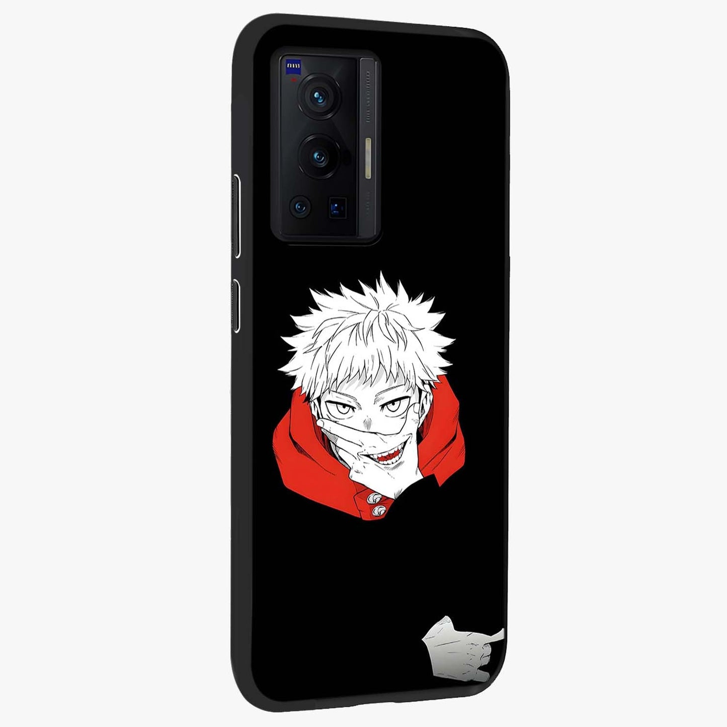 Crimson Chaos Smile Glass Case upright view showcasing expressive chaotic artwork with striking visual theme.