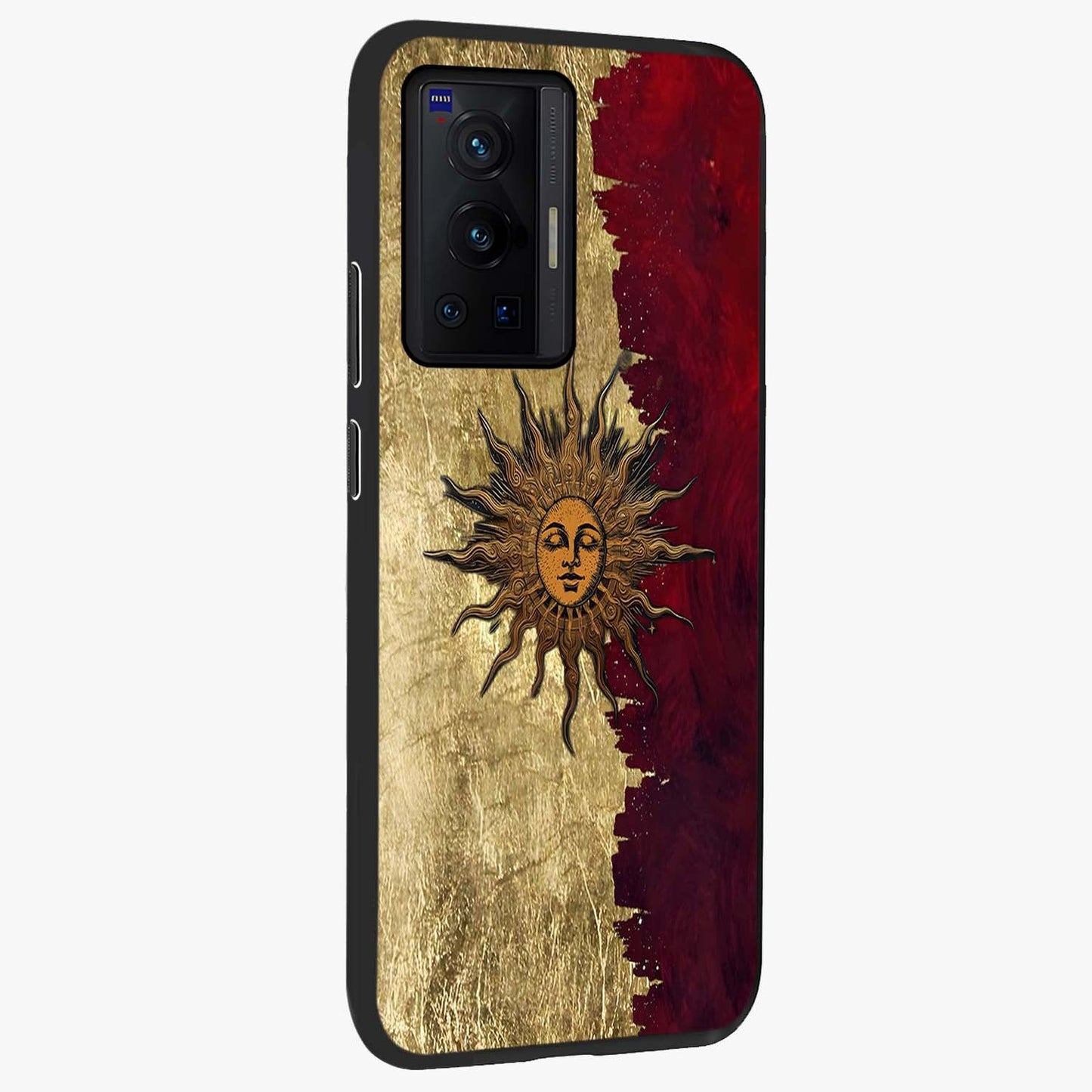 Crimson Sun Majesty Glass Case upright view showcasing vibrant sun artwork with powerful celestial theme.
