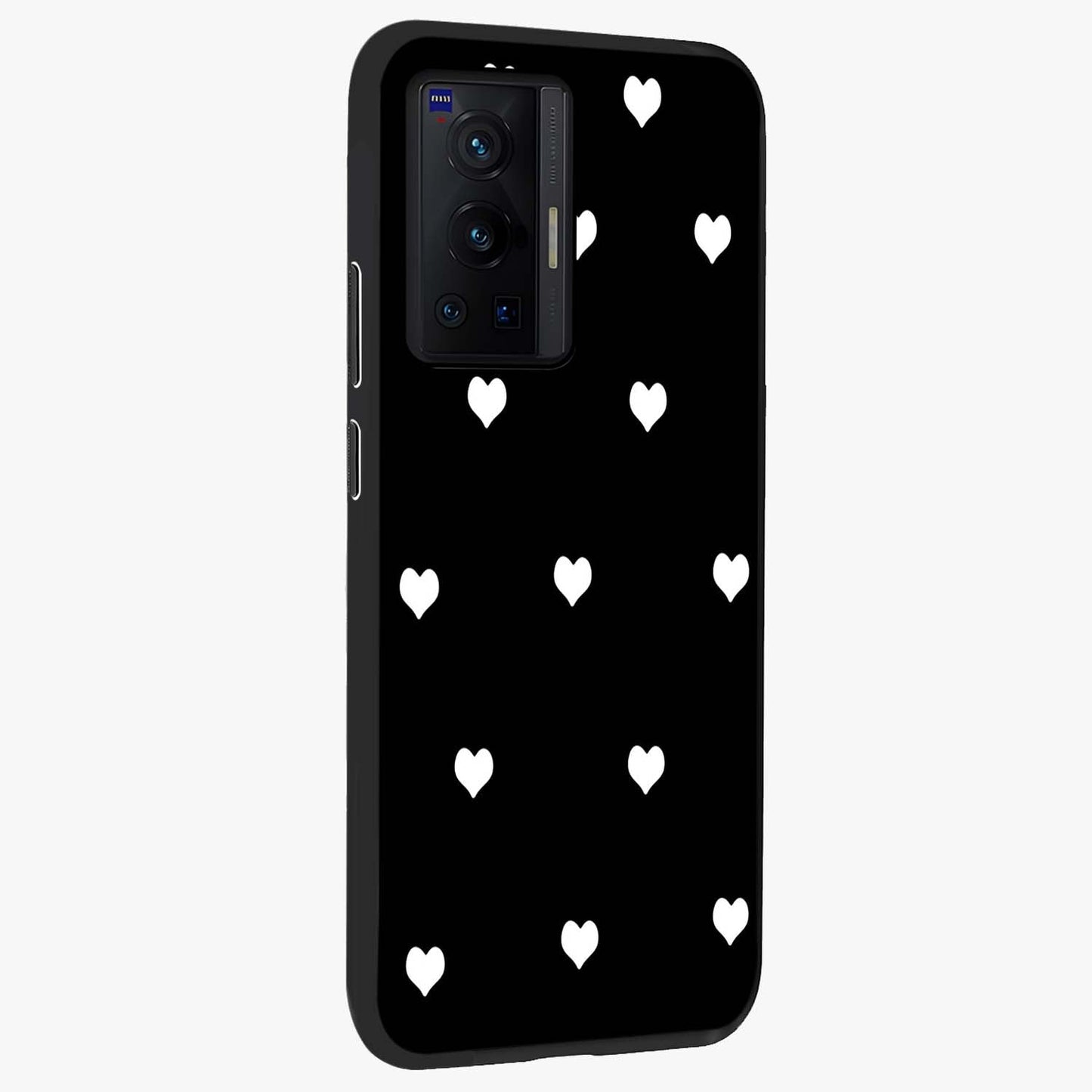Cute And Simple White Hearts Glass Case upright view showcasing simple white hearts artwork with soft minimal theme.