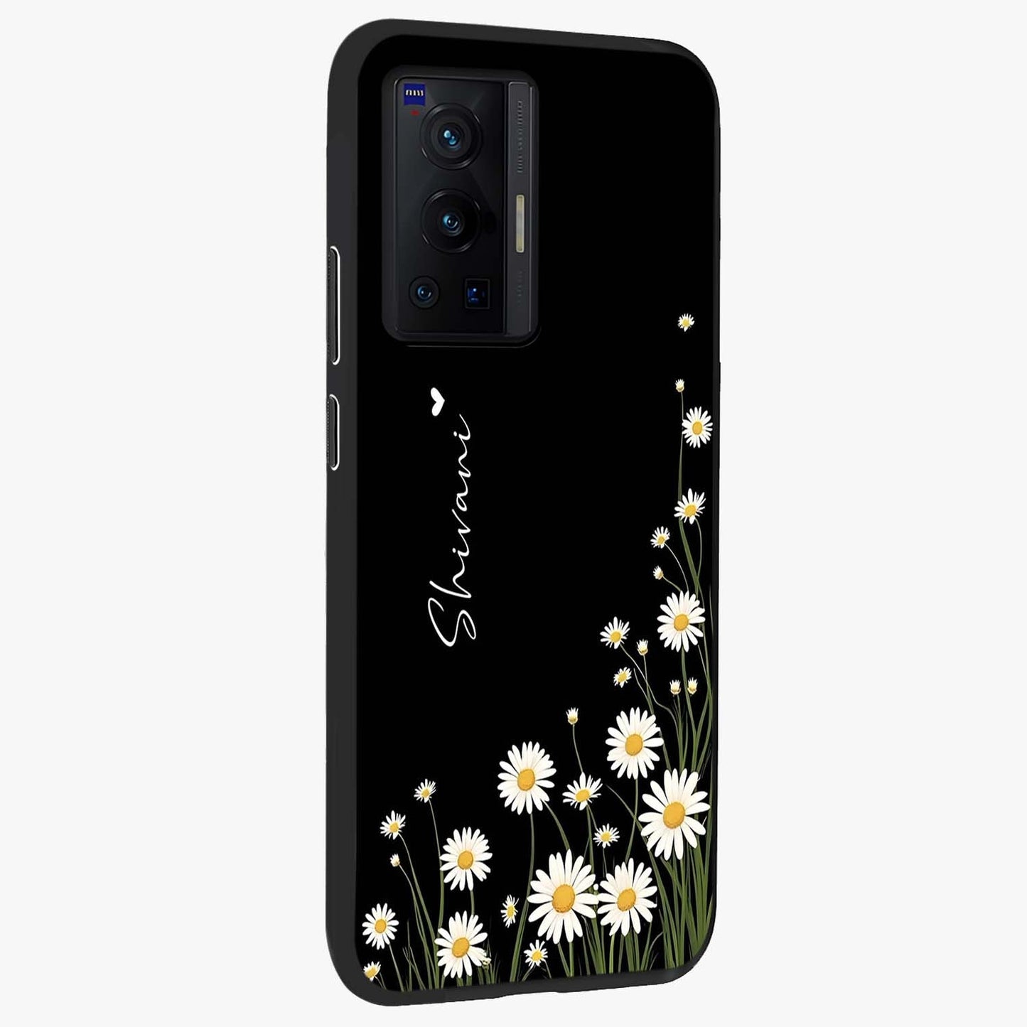 Daisy Cascade Custom Name Glass Case upright view showcasing elegant floral cascade design with personalized aesthetic.