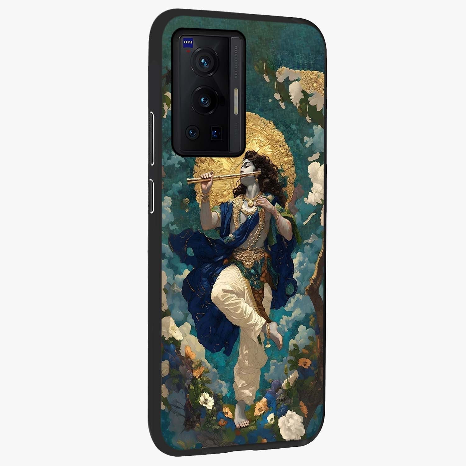 Divine Krishna Art Glass Case upright view showcasing divine Krishna artwork with sacred artistic theme.