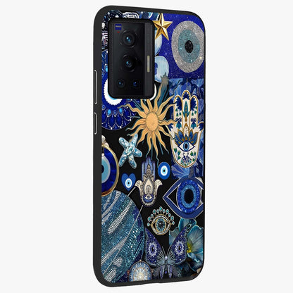 Evil Eye Charm Mix Glass Case upright view showcasing mystical evil eye pattern with vibrant decorative style.