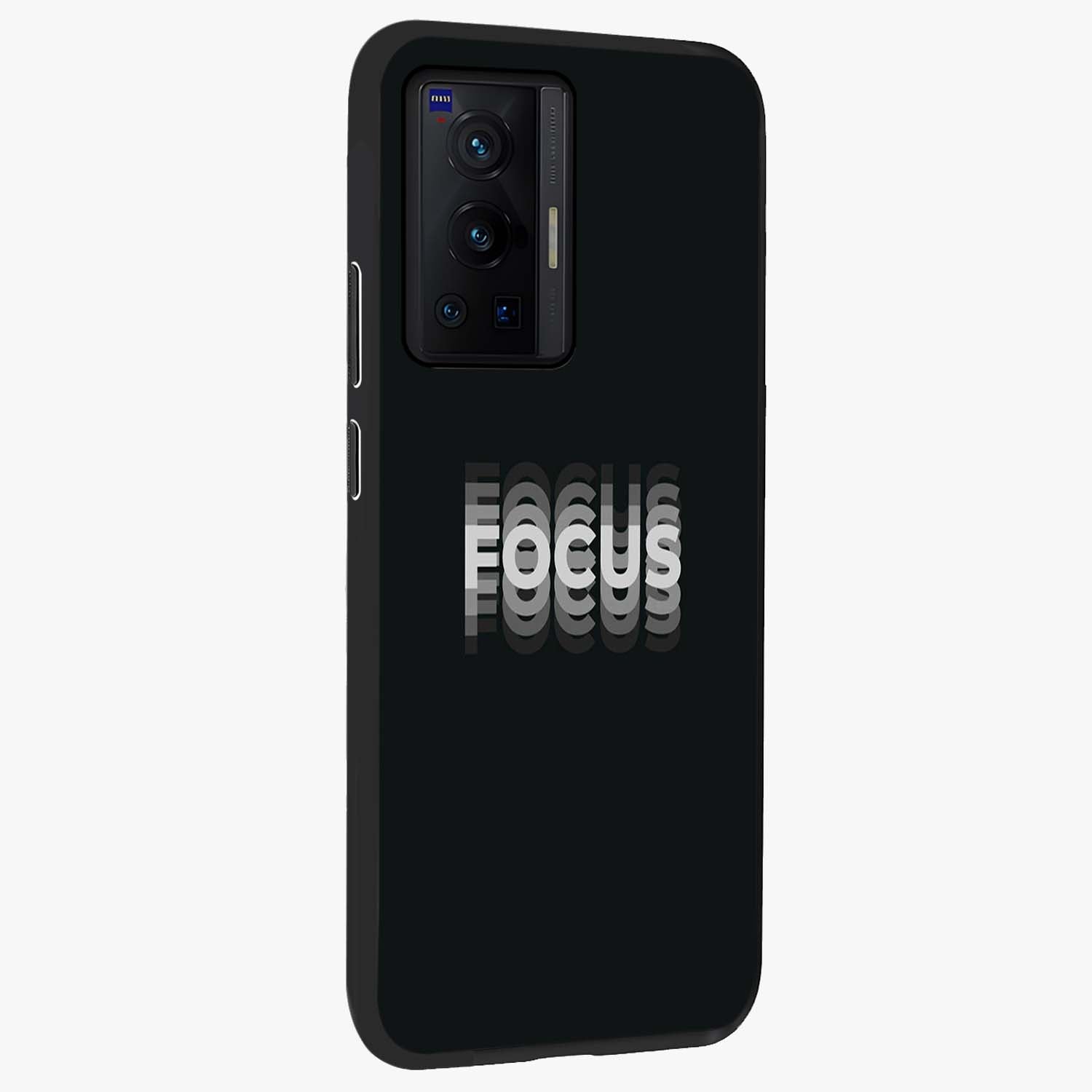 Focus Mode On Glass Case upright view showcasing strong typography statement with sleek motivational theme.