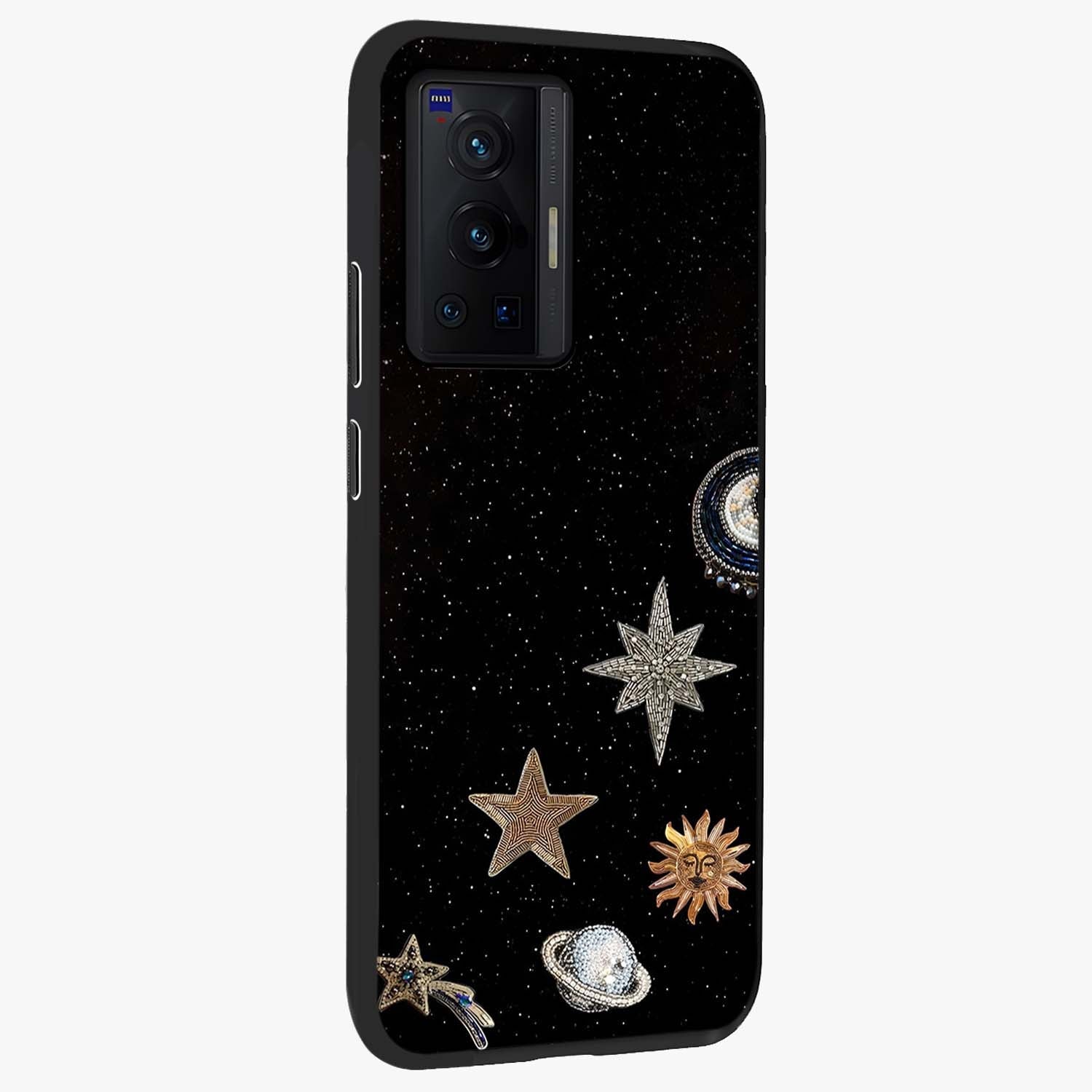 Galactic Charm Glow Glass Case upright view showcasing glowing cosmic charm artwork with magical celestial style.