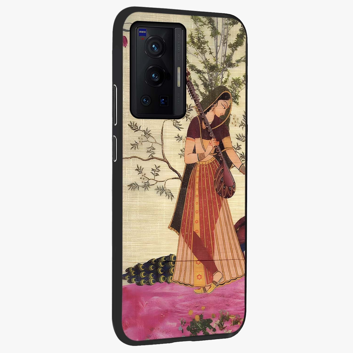 Lady With Veena Art Glass Case upright view showcasing classical veena artwork with traditional artistic theme.
