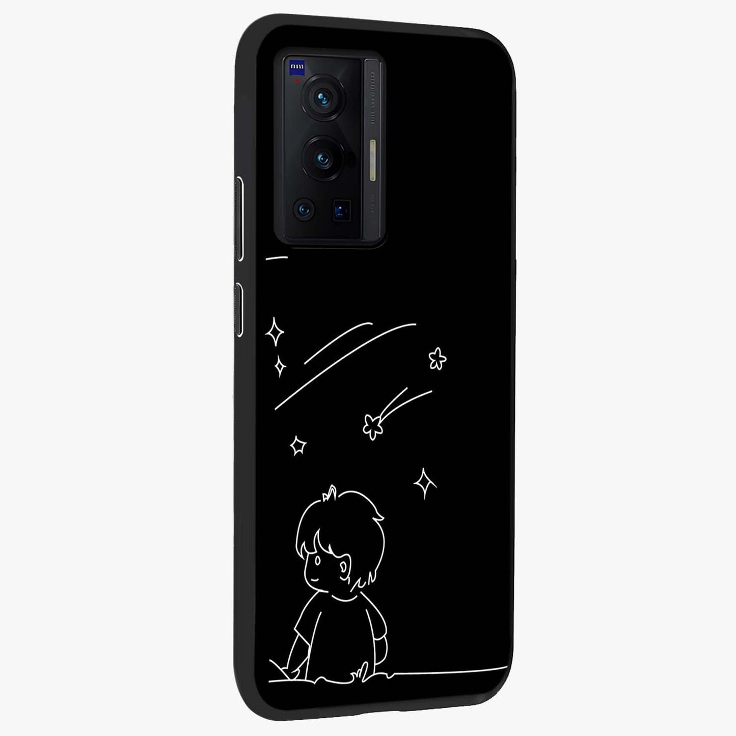 Line Art Boy With Shooting Stars Glass Case upright view showcasing artistic shooting star illustration with minimal style.