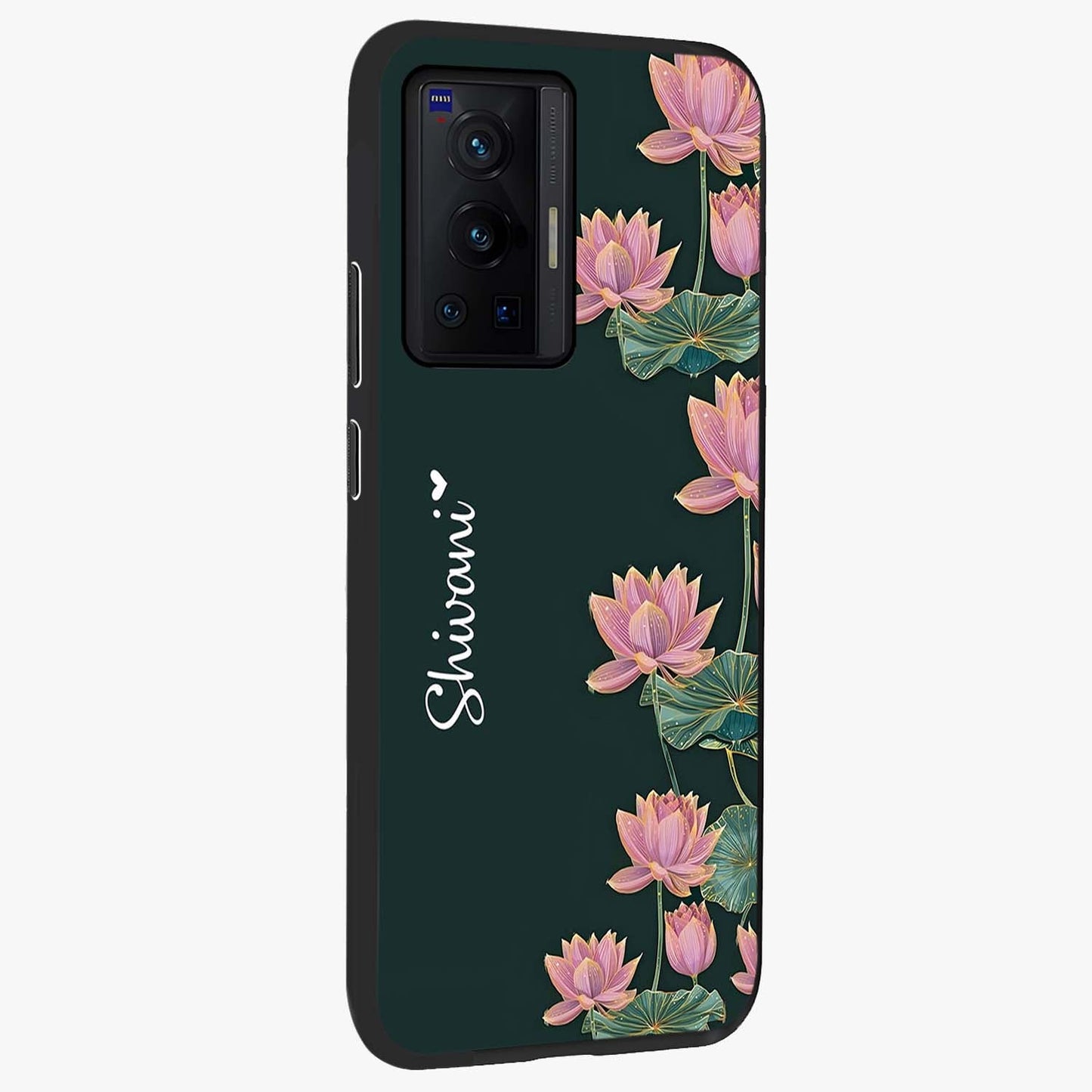 Lotus Bloom Serenity Custom Name Glass Case upright view showcasing serene lotus bloom artwork with personalized floral aesthetic.
