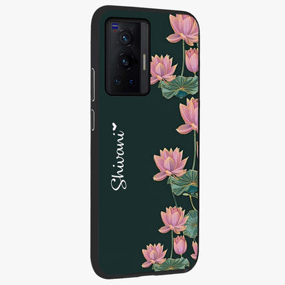 Lotus Bloom Serenity Custom Name Glass Case upright view showcasing serene lotus bloom artwork with personalized floral aesthetic.