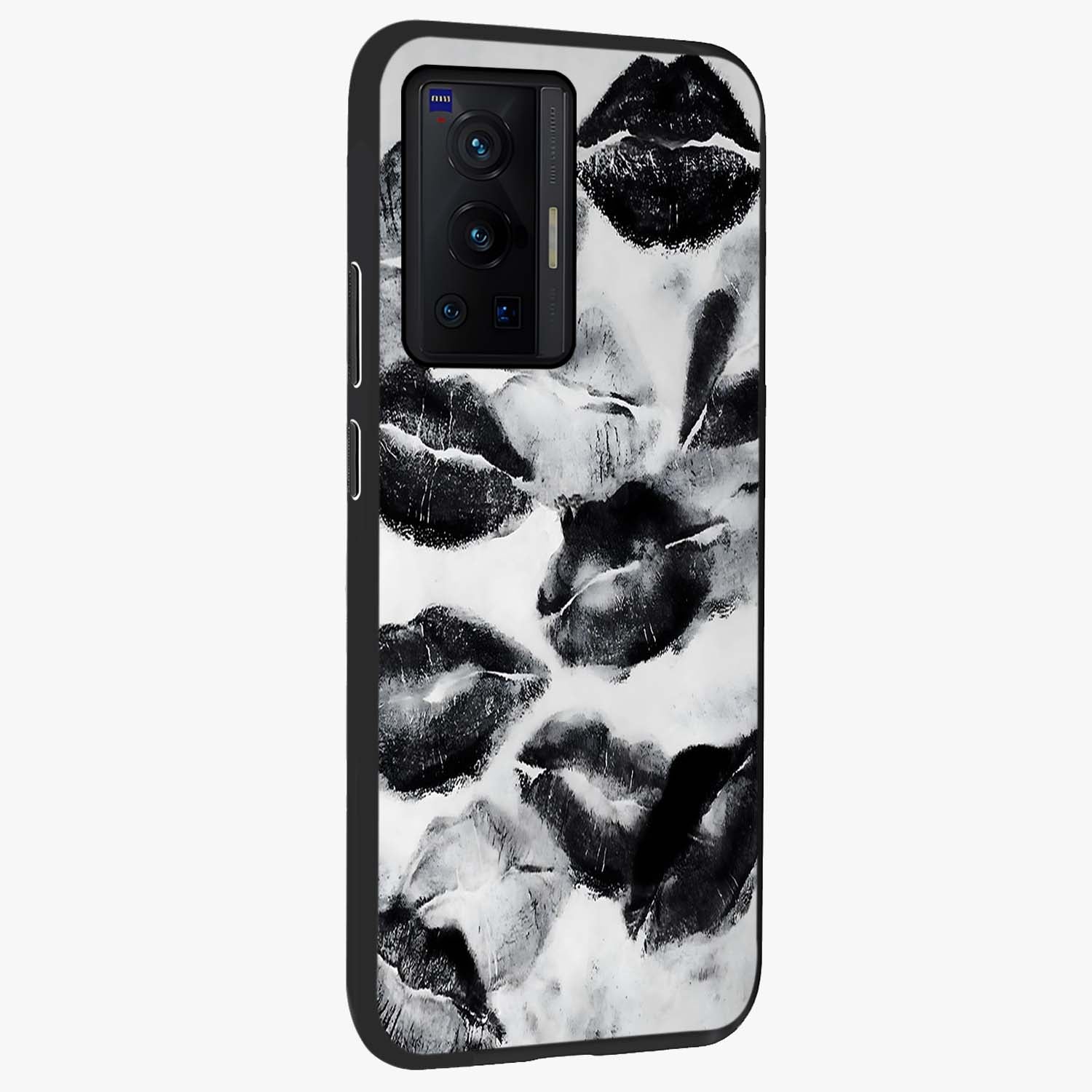 Midnight Kiss Marks Glass Case upright view showcasing stylish kiss mark artwork with trendy romantic theme.