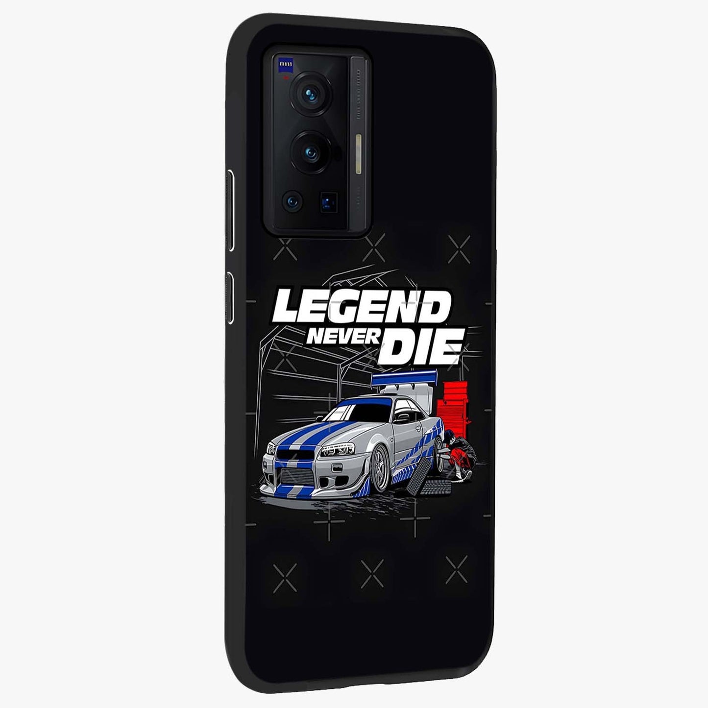 Midnight Racing Legacy Glass Case upright view showcasing powerful racing artwork with modern sports theme.