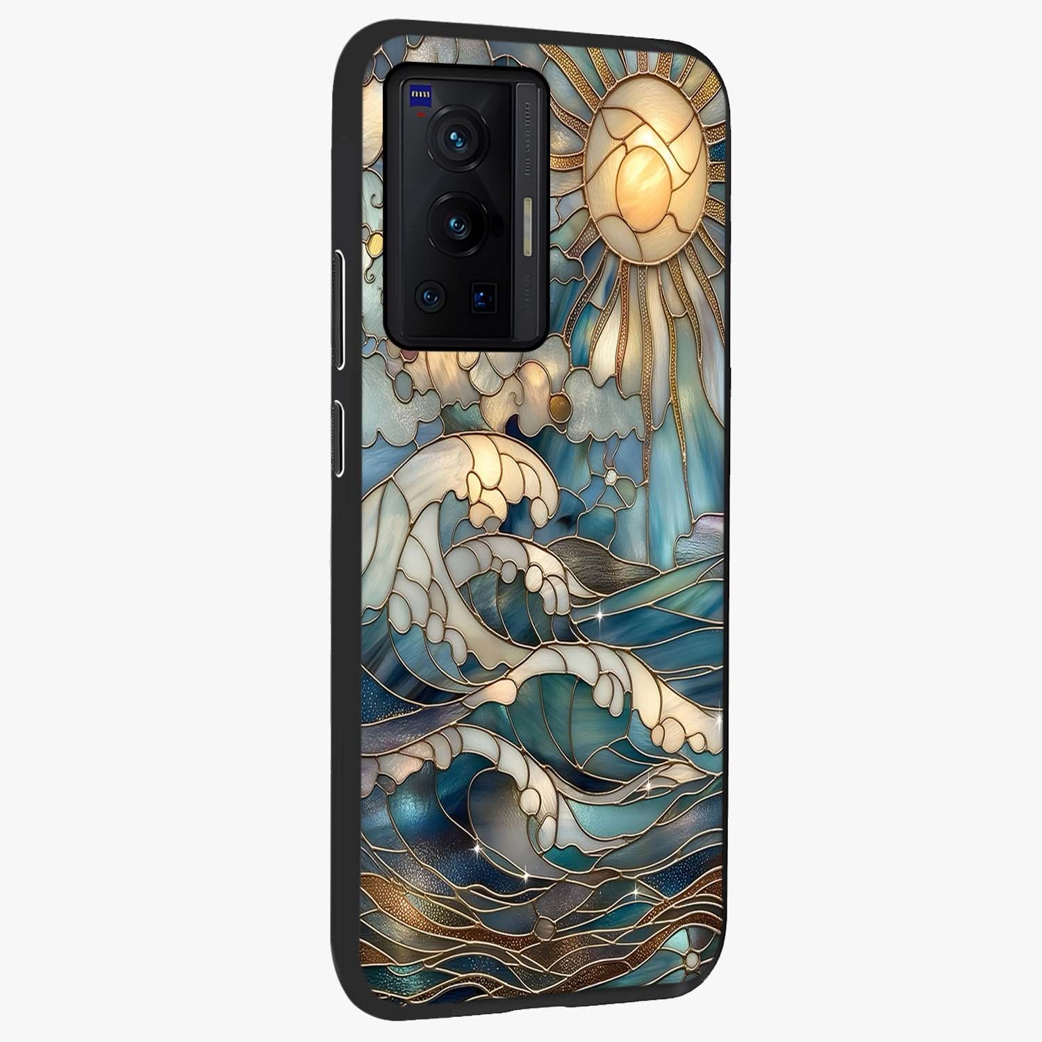 Oceanic Stained Printed Glass Case upright view showcasing decorative ocean pattern artwork with vibrant marine theme.