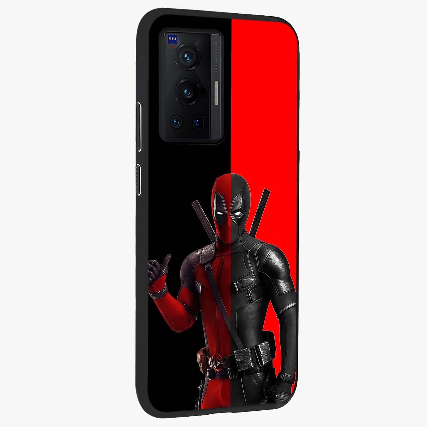 Red & Black Deadpool Theme Glass Case upright view showcasing energetic comic themed artwork with striking red and black design.