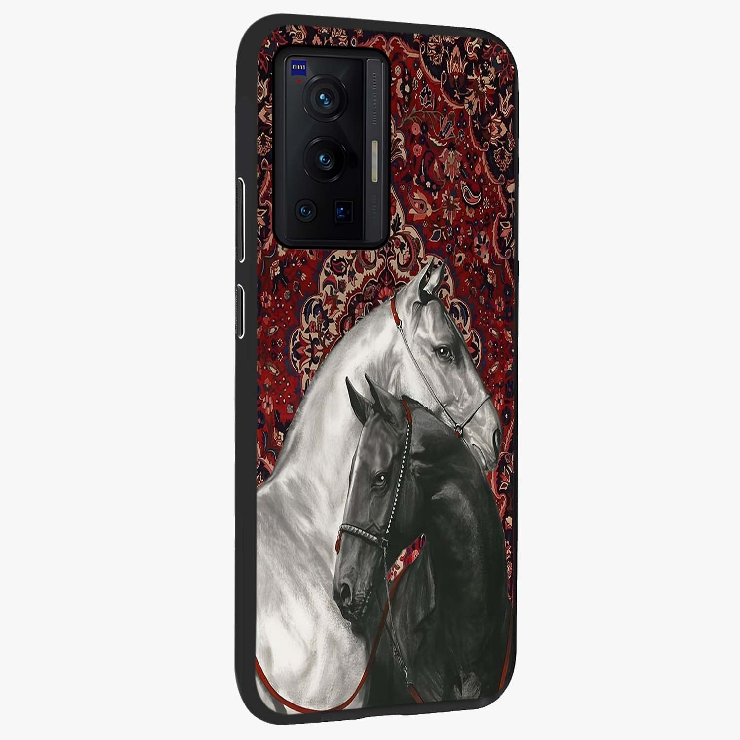 Regal Stallion Tapestry Glass Case upright view showcasing powerful horse artwork with elegant tapestry theme.