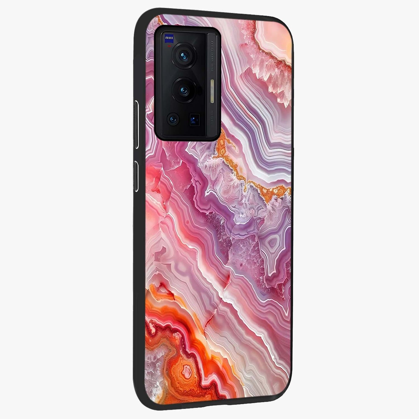 Rose Quartz Marble Glass Case upright view showcasing decorative marble artwork with luxurious pastel theme.