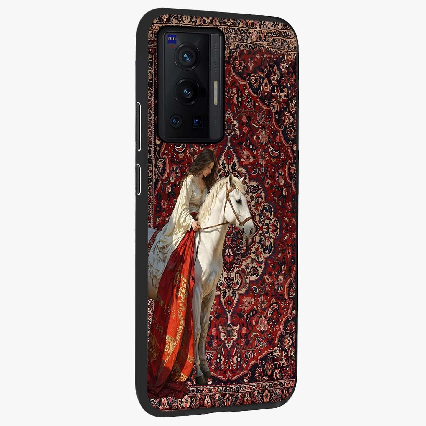 Royal Rider Tapestry Glass Case upright view showcasing detailed rider artwork with classic tapestry theme.