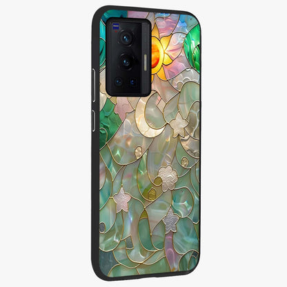 Stained Sunrise Glow Glass Case upright view showcasing colorful sunrise artwork with warm morning theme.
