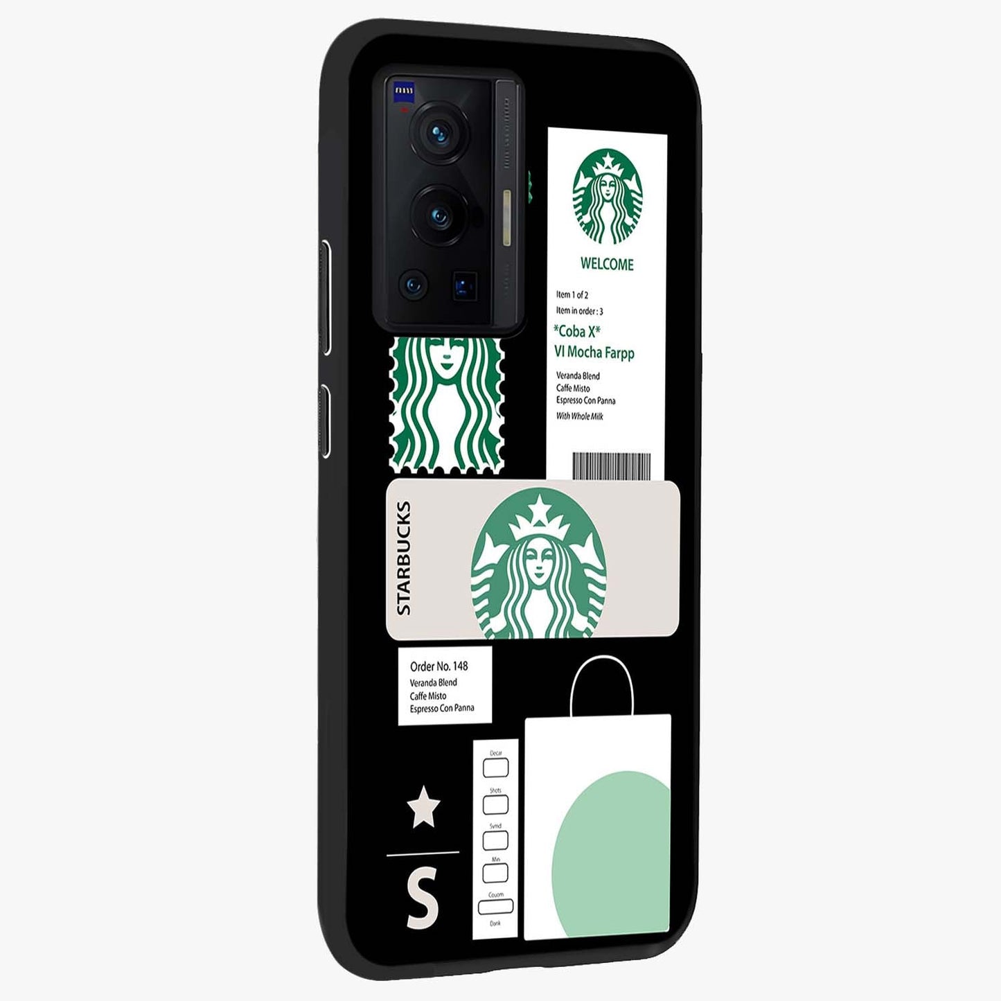 Starbucks Mocha Glass Case upright view showcasing trendy coffee inspired artwork with modern lifestyle theme.