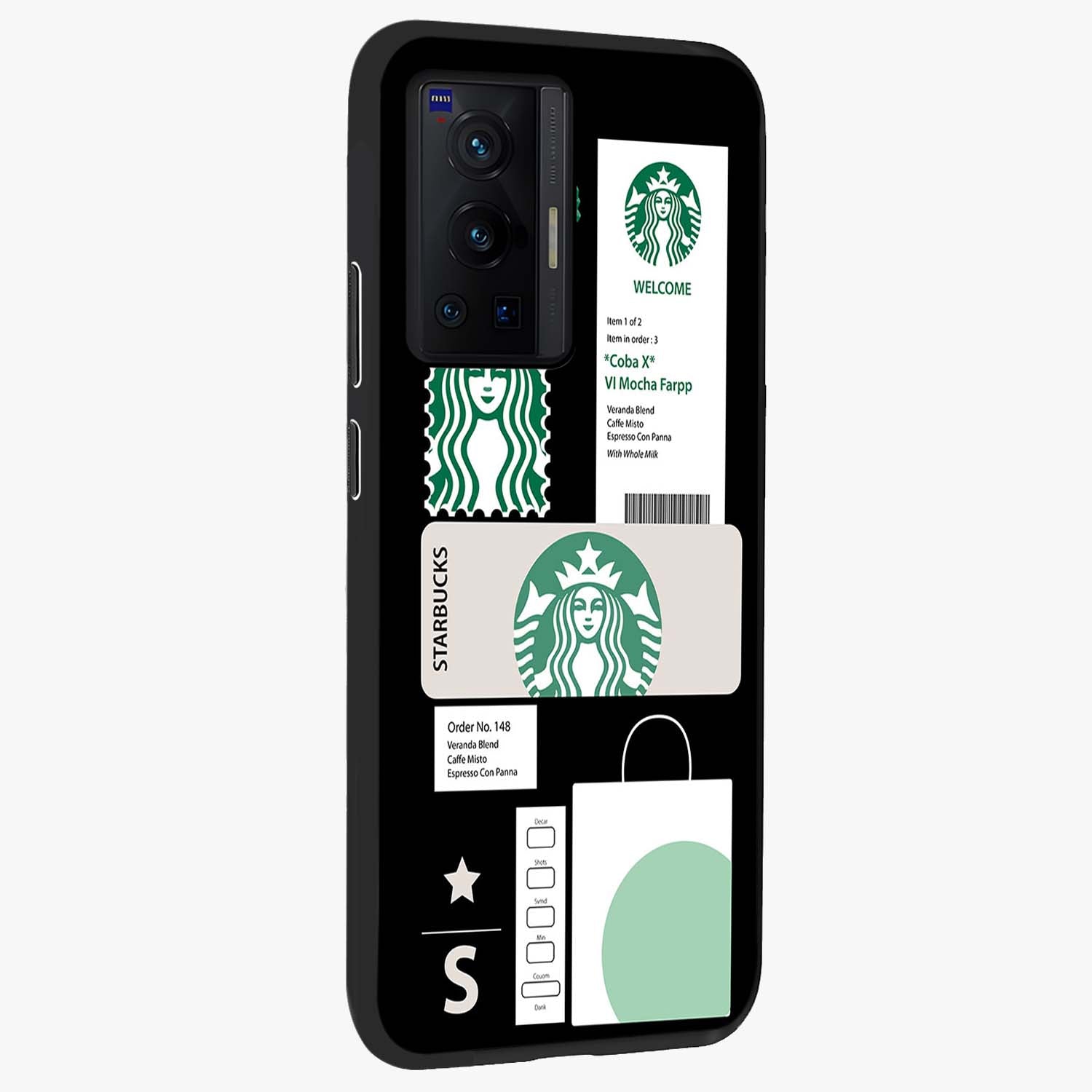 Starbucks Mocha Glass Case upright view showcasing trendy coffee inspired artwork with modern lifestyle theme.