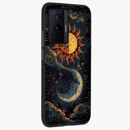 Sun And Moon Magic Design Glass Case upright view showcasing decorative sun and moon artwork with spiritual celestial theme.
