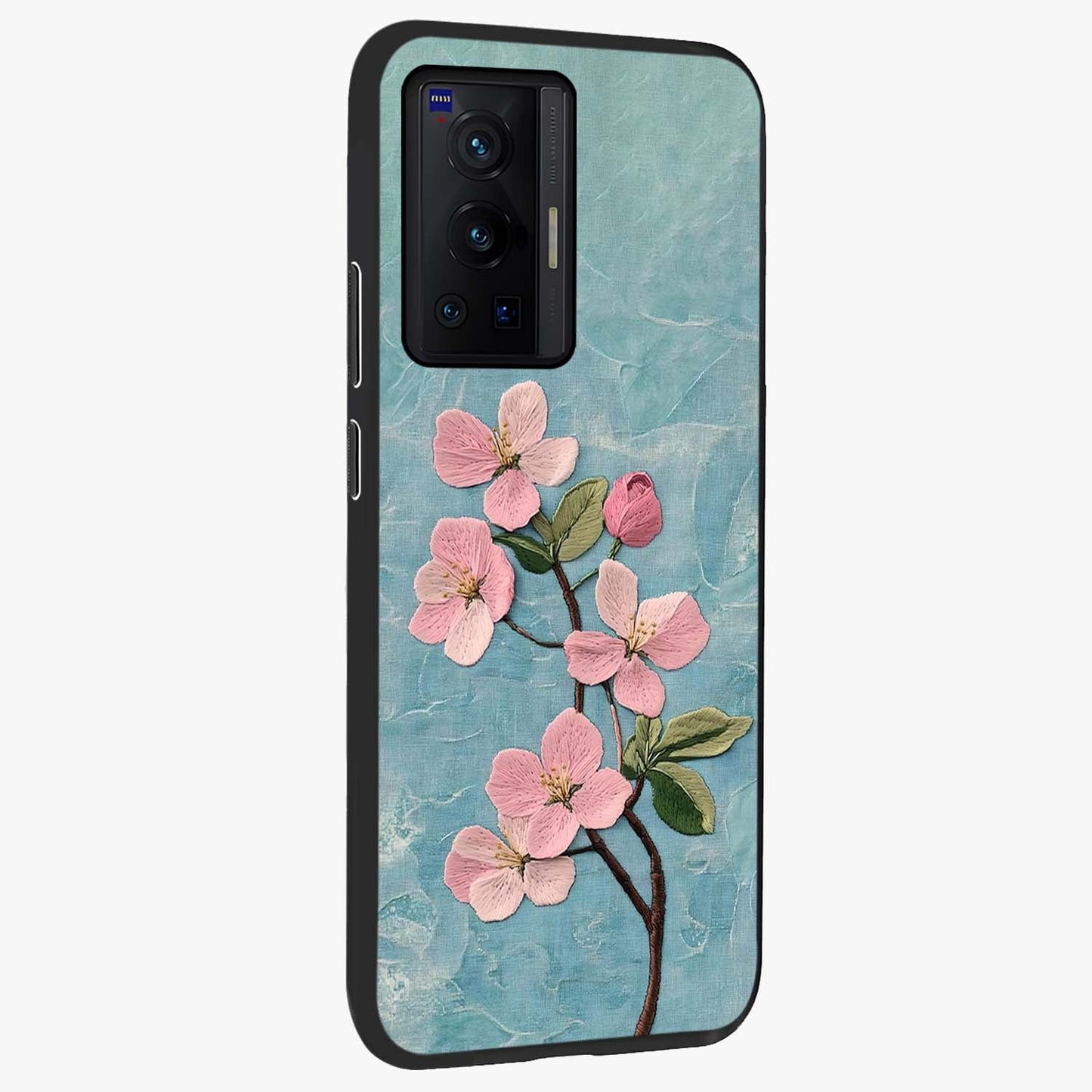 Threaded Blossom Breeze Glass Case upright view showcasing graceful flower artwork with calm botanical theme.