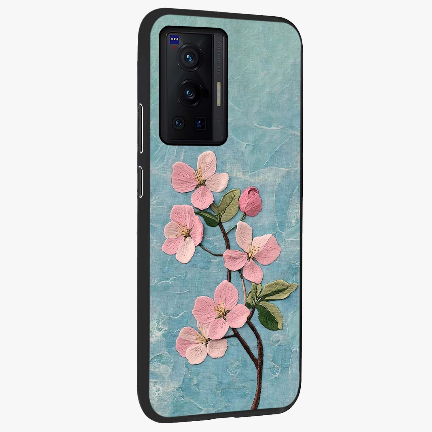 Threaded Blossom Breeze Glass Case upright view showcasing graceful flower artwork with calm botanical theme.
