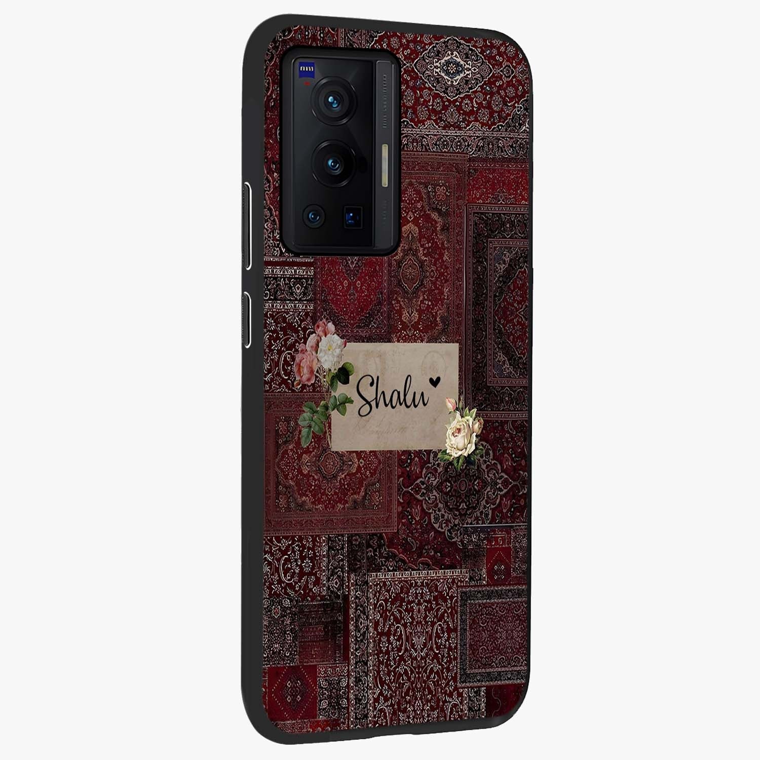 Velvet Wine Pattern Custom Name Glass Case upright view showcasing luxurious wine toned artwork with personalized aesthetic.