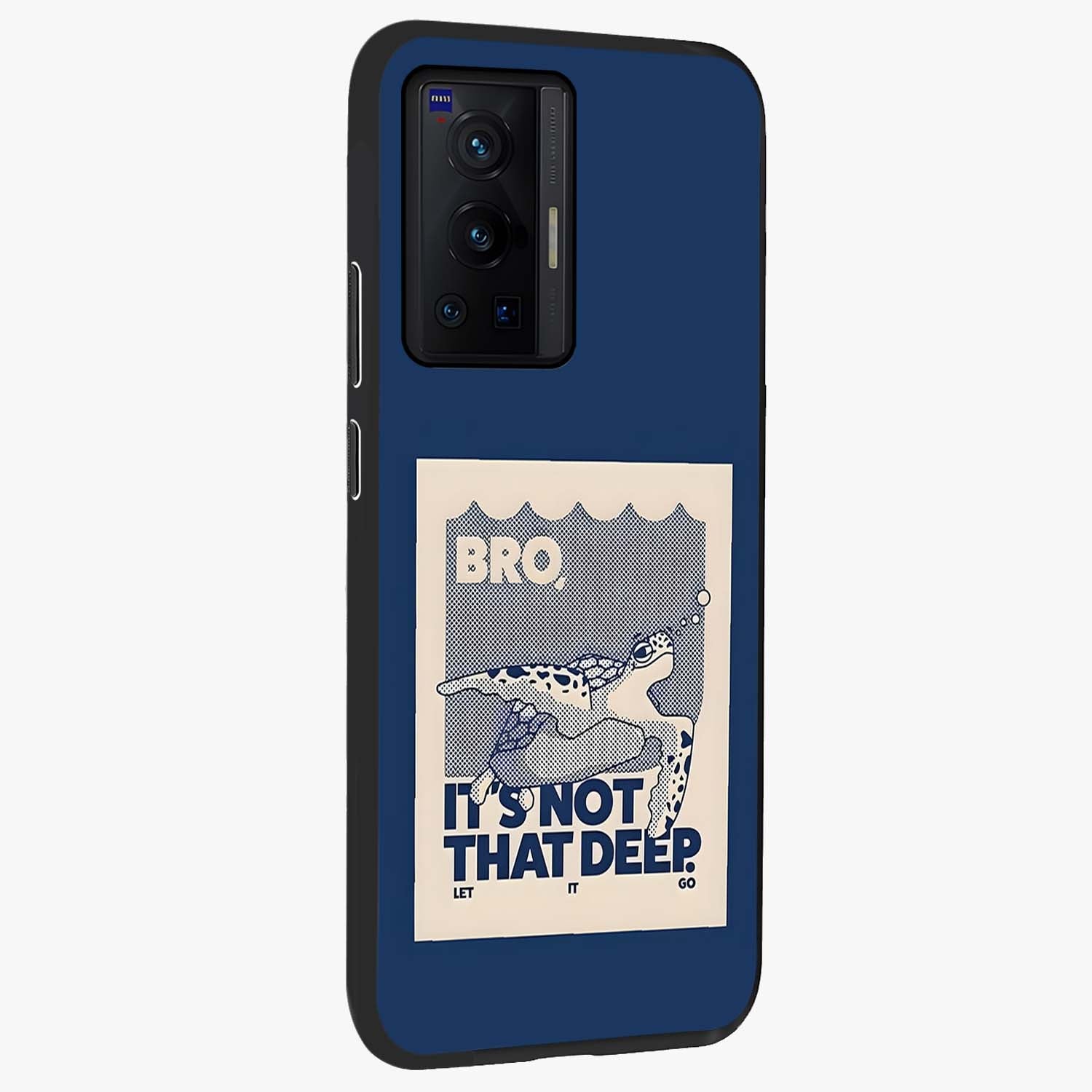 Worry Less Swim Glass Case upright view showcasing cheerful artistic artwork with carefree inspirational theme.