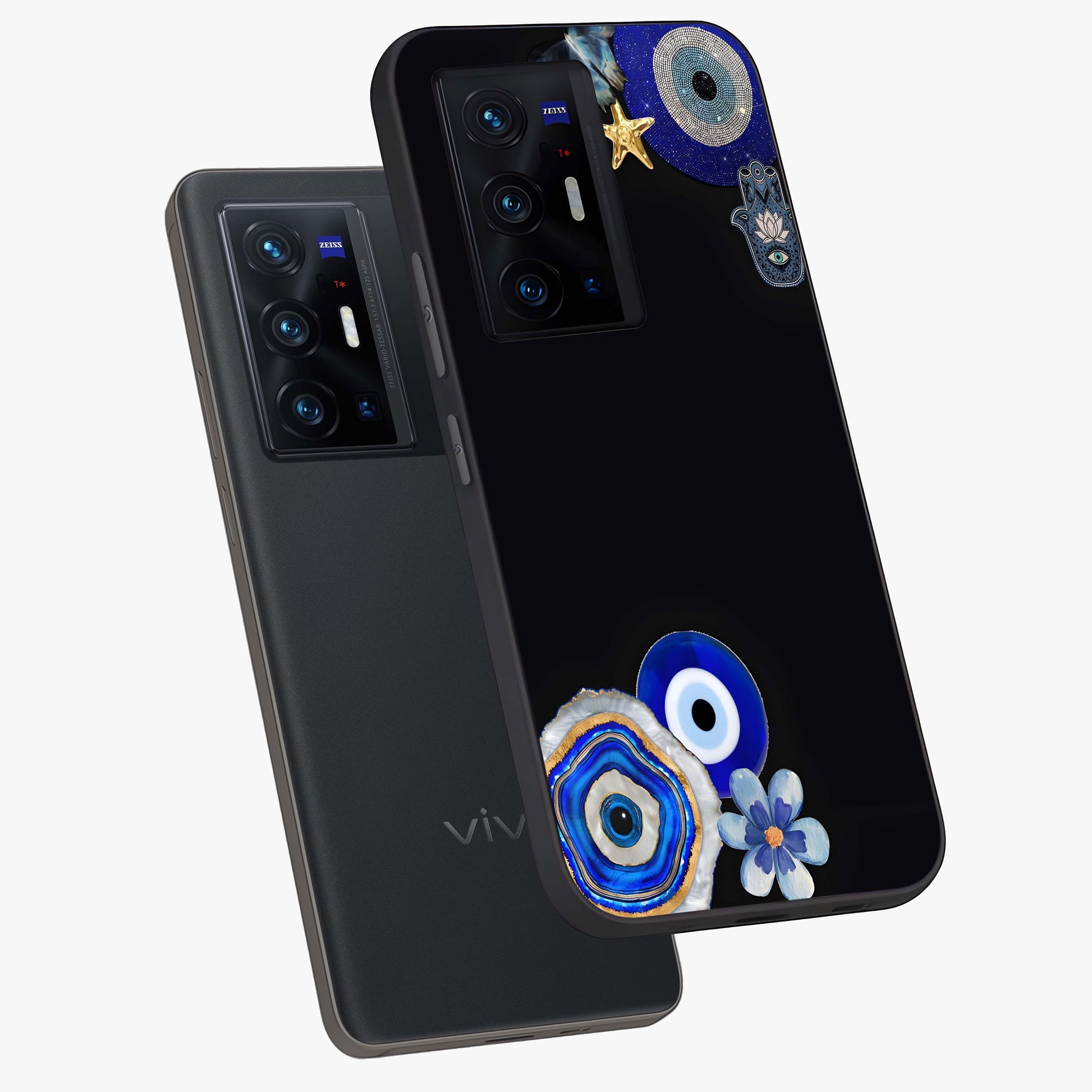 Aesthetic Blue Evil Eye Glass Case displayed in angled mockup highlighting blue evil eye symbol and spiritual aesthetic design.