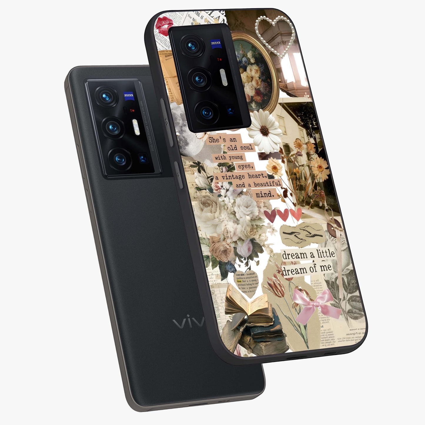 Aesthetic Brown Vintage Collage Glass Case displayed in angled mockup highlighting vintage aesthetic collage design.