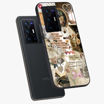 Aesthetic Brown Vintage Collage Glass Case displayed in angled mockup highlighting vintage aesthetic collage design.