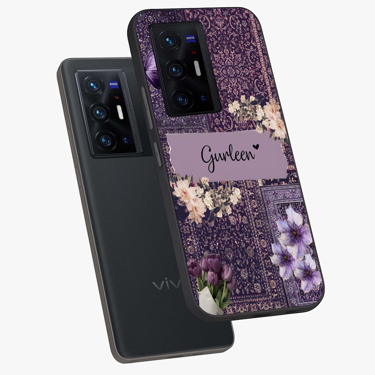 Antique Floral Whisper Custom Name Glass Case displayed in angled mockup highlighting elegant antique floral aesthetic.