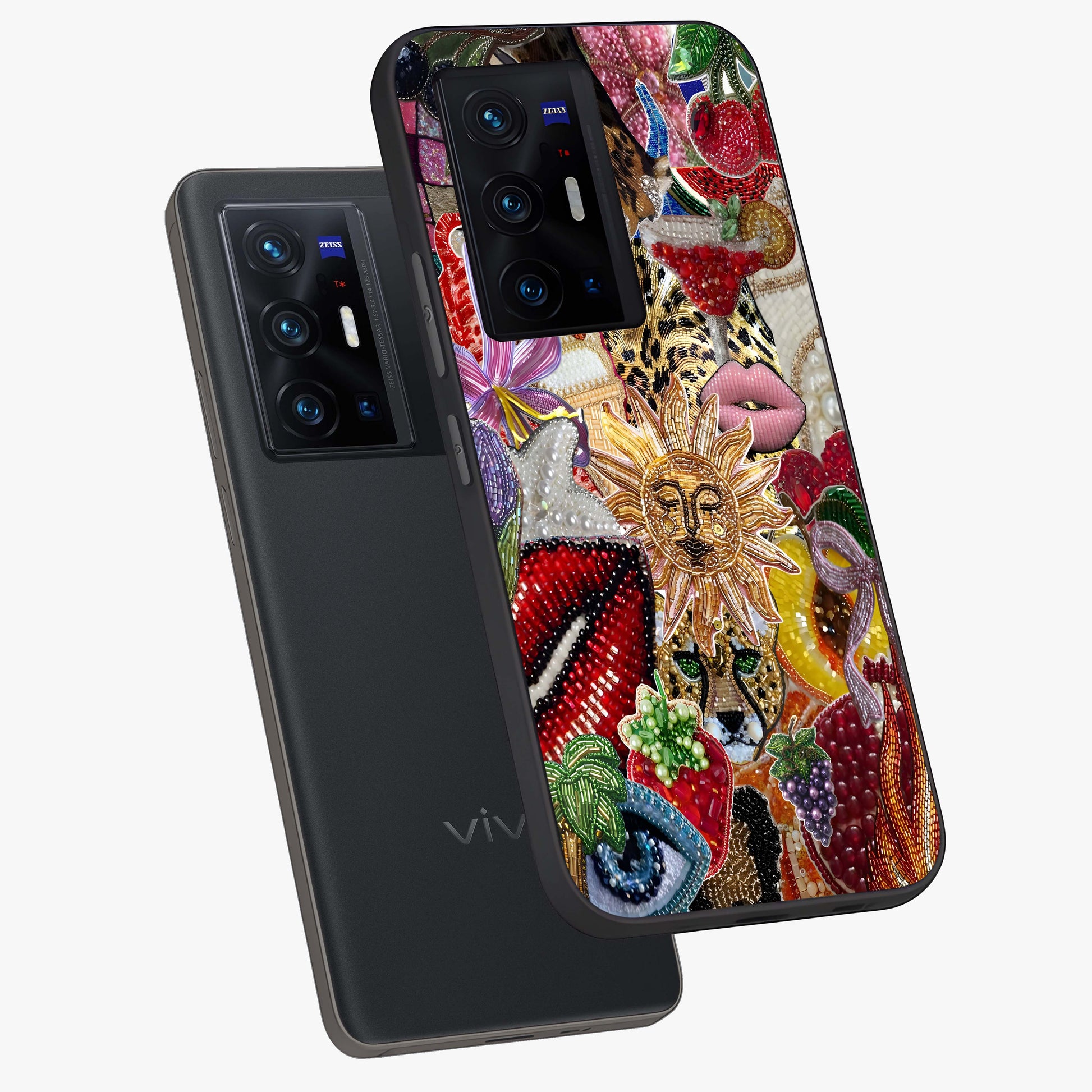 Beaded Fashion Jungle Glass Case displayed in angled mockup highlighting colorful fashion bead design and artistic pattern.