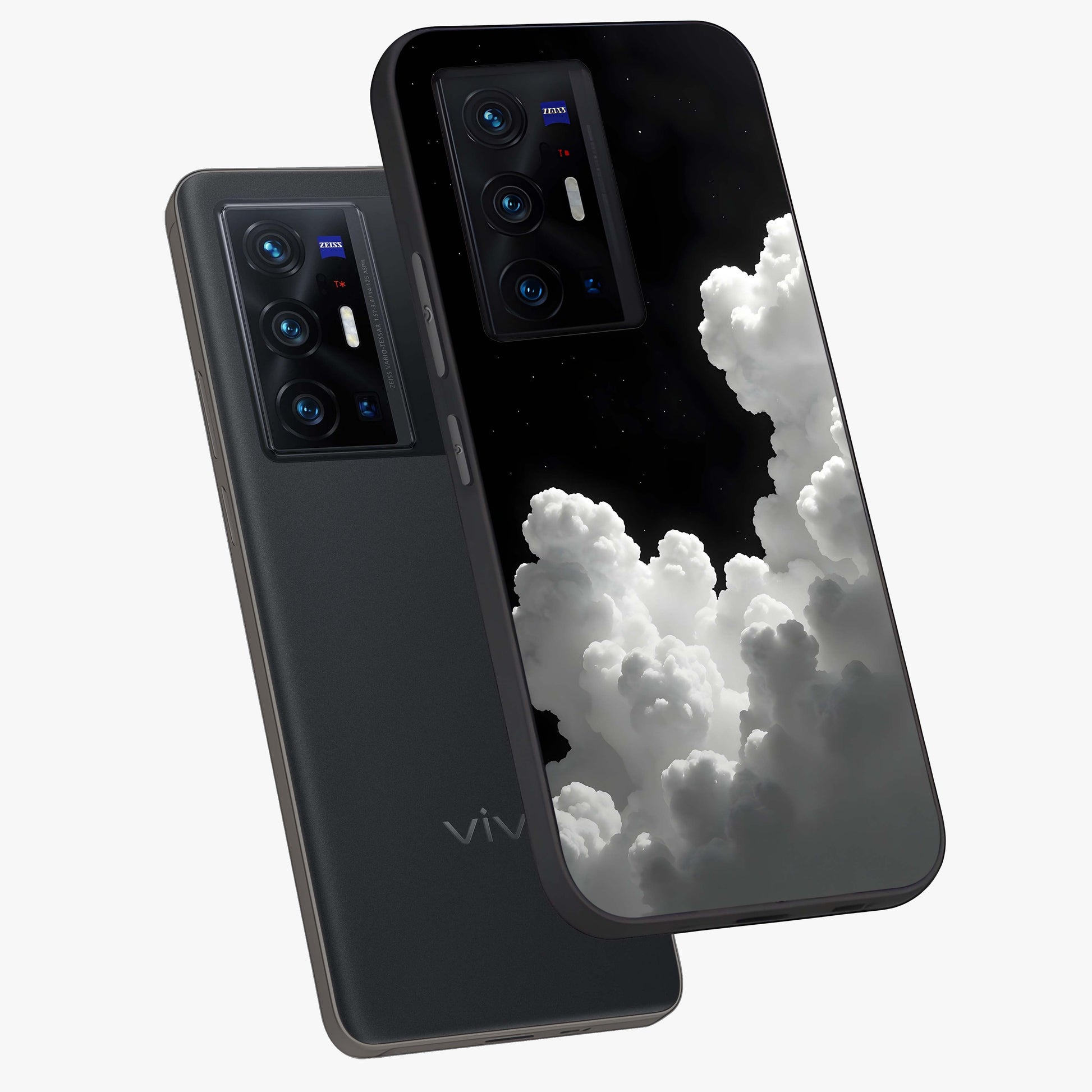 Black Background With White Cloud Glass Case displayed in angled mockup highlighting soft white cloud illustration and minimal design.