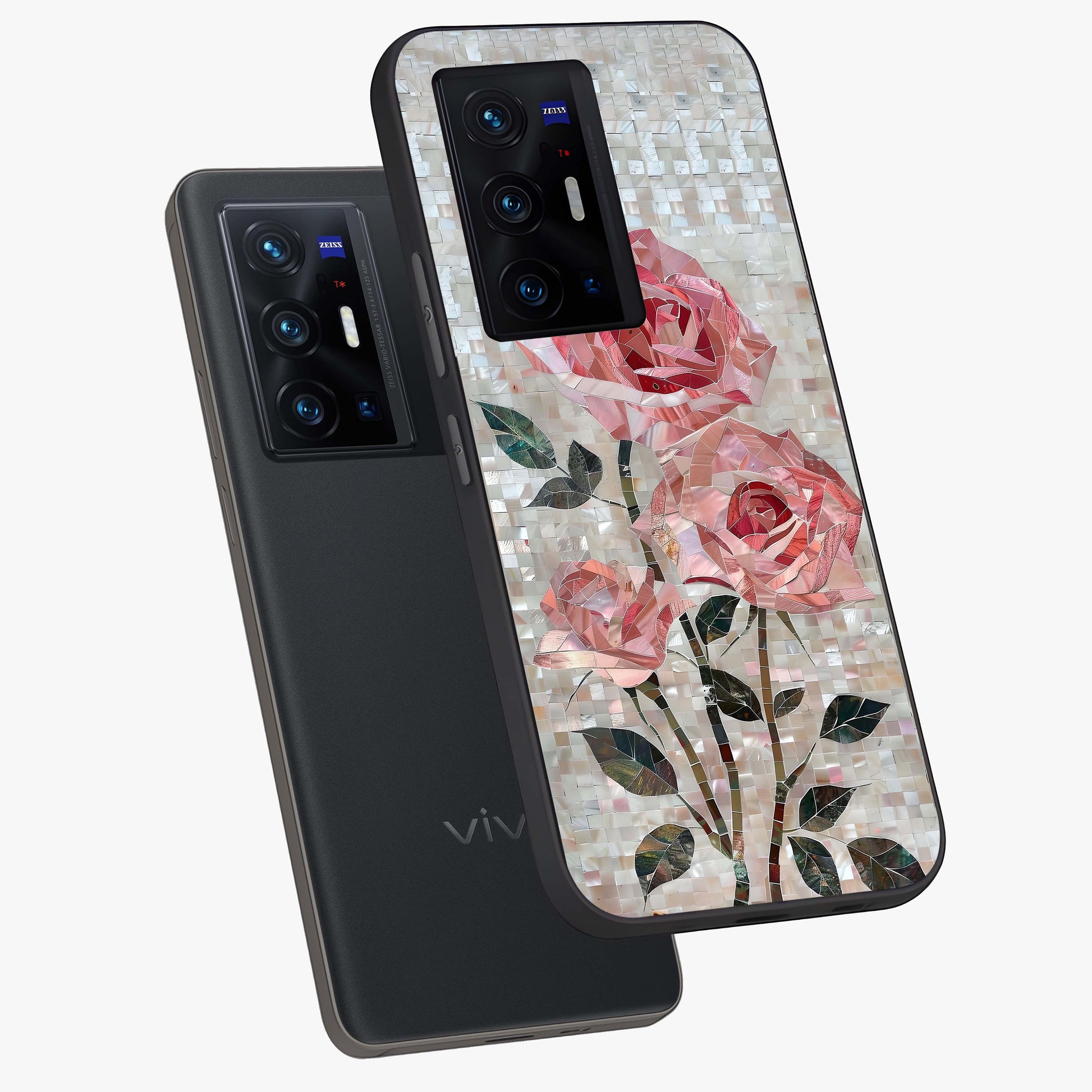 Blush Mosaic Bloom Glass Case displayed in angled mockup highlighting artistic mosaic flower pattern with aesthetic design.