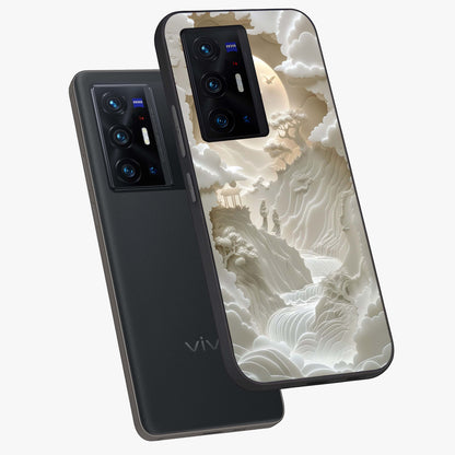 Celestial Origami Glass Case displayed in angled mockup highlighting geometric origami design with cosmic aesthetic theme.