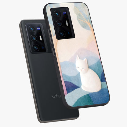 Cotton Dream Cat Glass Case displayed in angled mockup highlighting cute feline illustration with pastel aesthetic style.