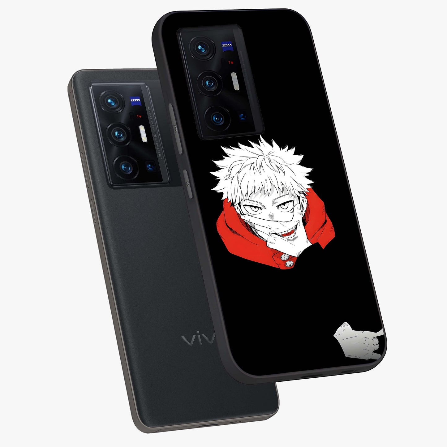 Crimson Chaos Smile Glass Case displayed in angled mockup highlighting edgy crimson smile design with graphic aesthetic.