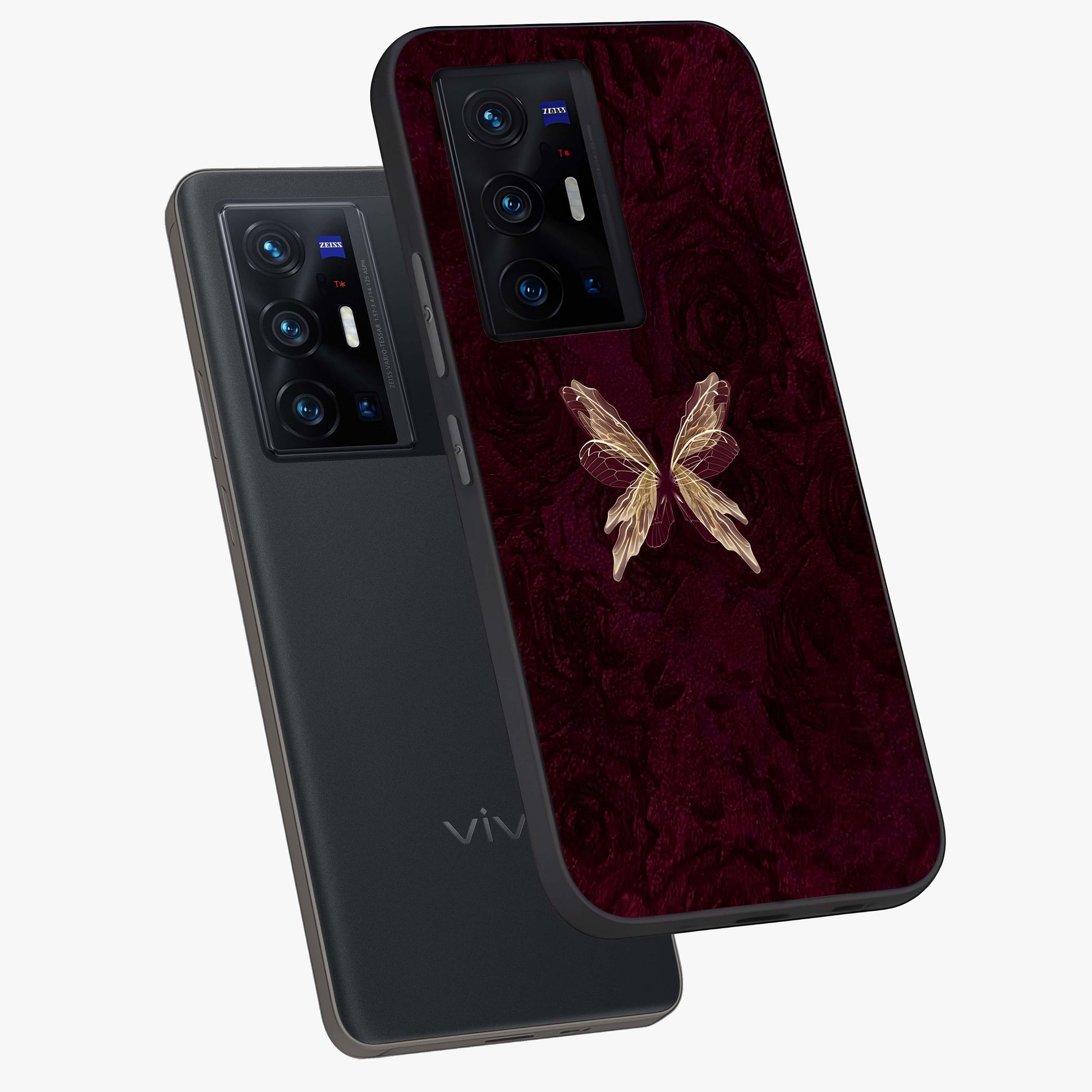 Crimson Fade Butterfly Glass Case displayed in angled mockup highlighting elegant butterfly design with crimson gradient aesthetic.