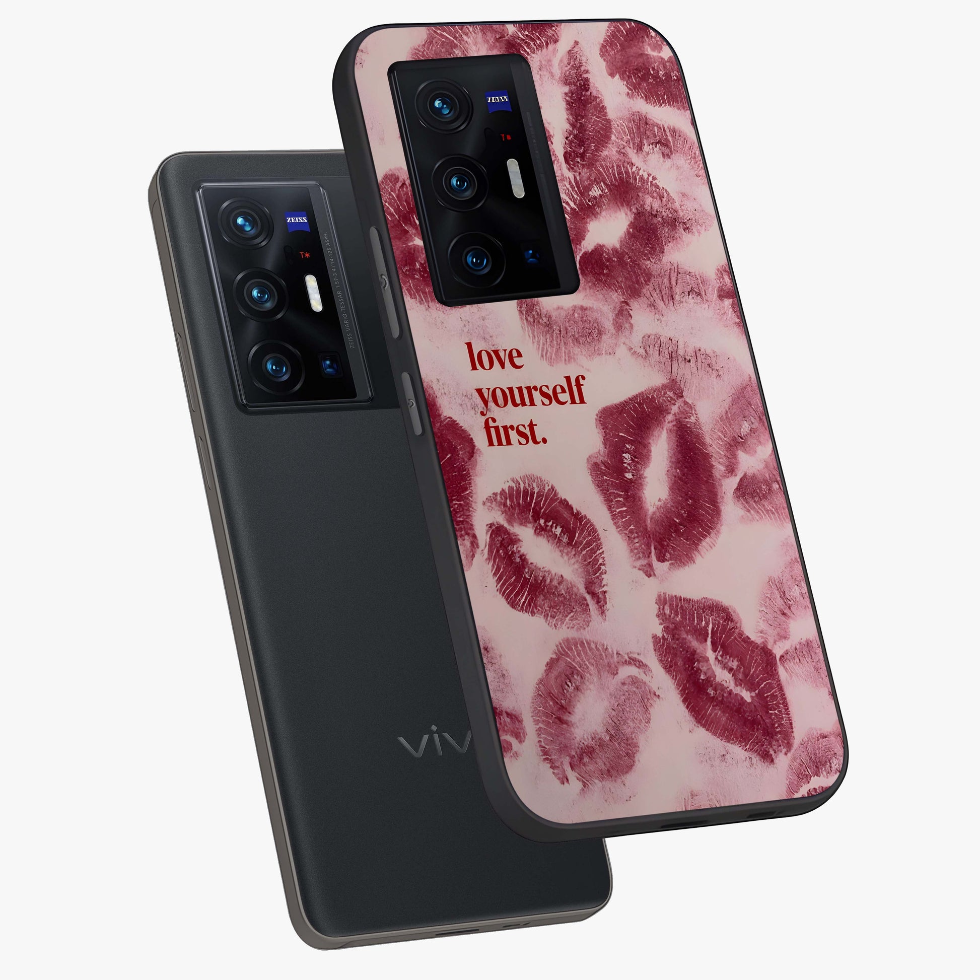 Crimson Kiss Love Glass Case displayed in angled mockup highlighting bold love inspired design with modern aesthetic style.