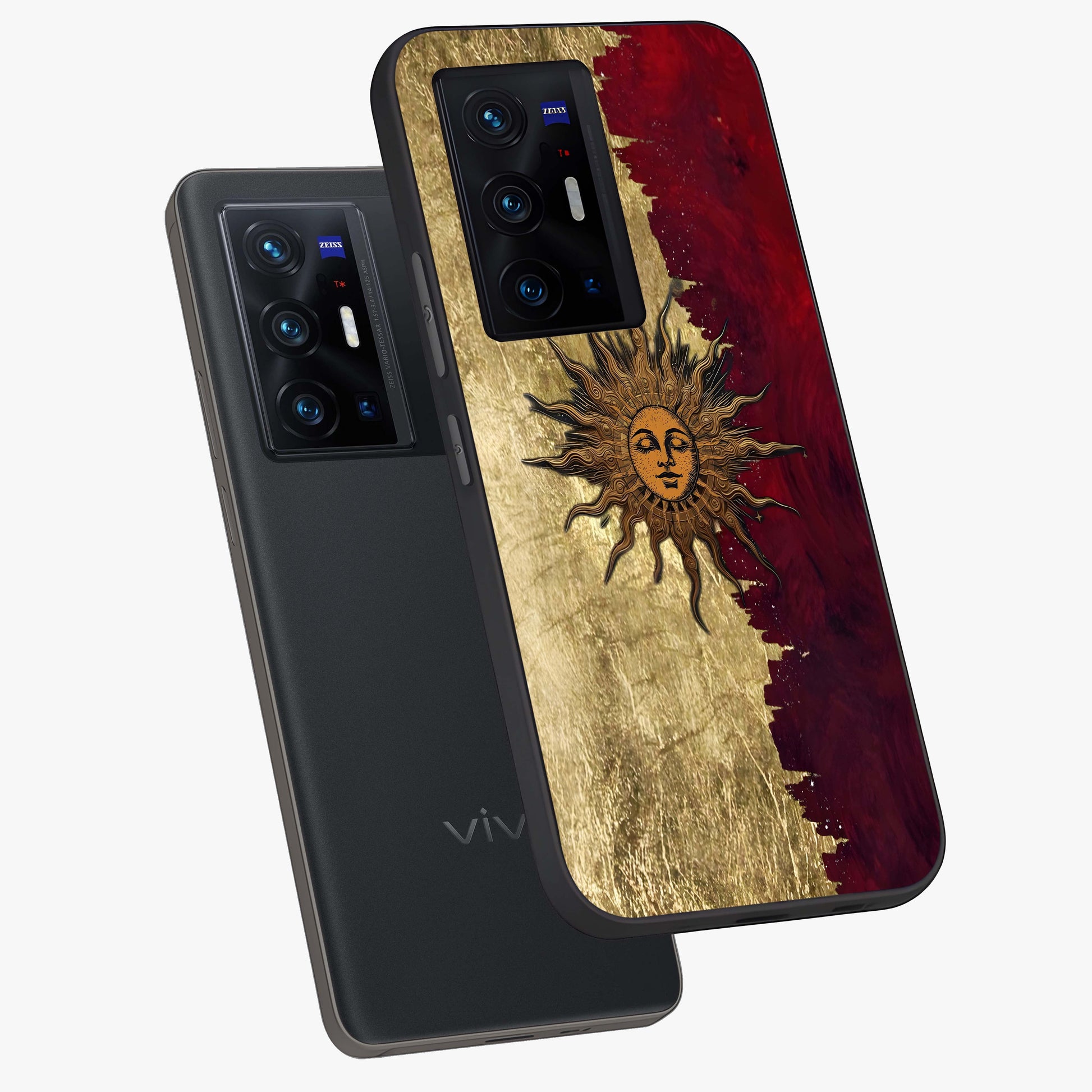 Crimson Sun Majesty Glass Case displayed in angled mockup highlighting majestic crimson sun design with bold aesthetic style.